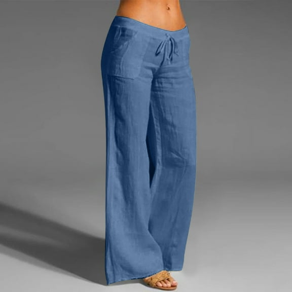Blue Sweatpants Women Casual Solid Cotton Linen Elastic Waist Drawstring Long Wide Leg Pants