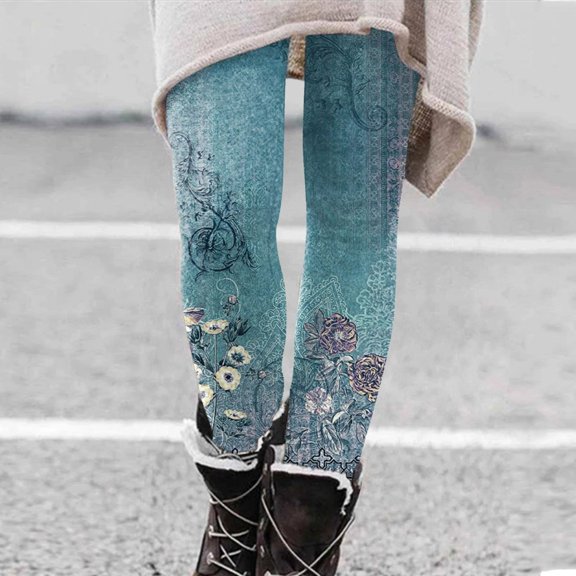 Blue Sweatpants Women Fashion Women's Slim Retro Printed Bottom Pants Fall and Winter Inside Comfortable Casual Pants Women's Bottom Pants Fashion Clothing