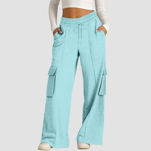 Blue Sweatpants Women's Fashion Solid Color Waist Wide Leg Casual Pants with Pocket Pants Fashion Clothing