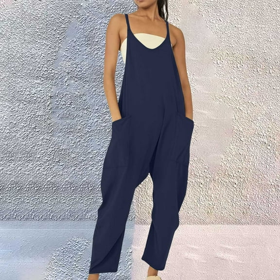 Blue Sweatpants Womens Casual Summer Jumpsuit Sleeveless Loose Solid Color Comfortable Strap Loose Jumpsuit Pocket Jumpsuit for Women Fashion Clothing