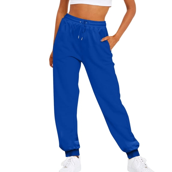 Blue Sweatpants Womens Solid Color Drawstring Elastic Waist Casual Loose Foot Fleece Sweatpants Womens Trousers