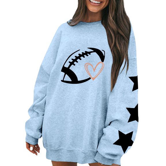 Blue Sweatshirt for Women Football Funny Sweatshirt for Women Graphic Print Sunday Casual Long Sleeve Crewneck 2025 Fall Pullover Women Fall Clothes