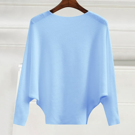 Blue Sweatshirt for Women'S Autumn and Winter Fasion Off The Shoulder Long Sleeve Sleeve One Word Collar Sweater Knitted Solid Color Womens Fall Tops