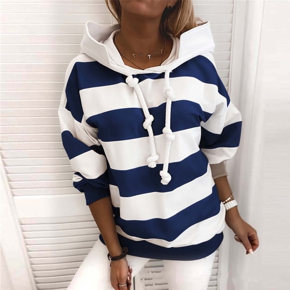Blue Sweatshirt for Women's Autumn and Winter New Fashionable Casual Striped Color Blocking Hoodie Women Fall Clothes