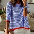 thumbnail image 1 of Blue Sweatshirt for Women's Knitted Sweater Stripe Contrast Color Design Drop Shoulder Long Sleeve Pullover Casual Women Fall Clothes, 1 of 6