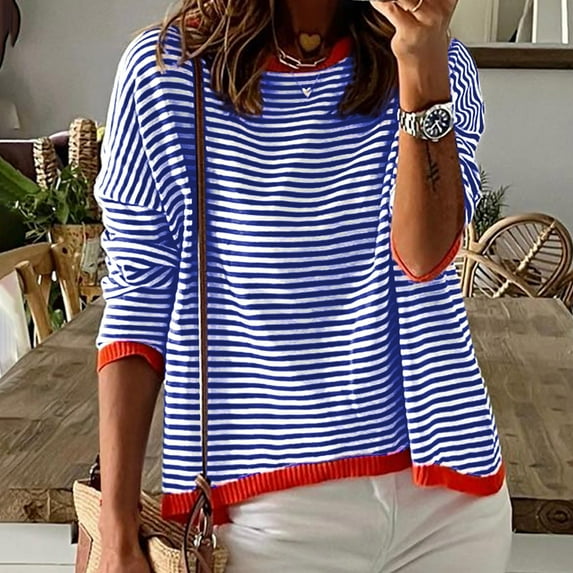 Blue Sweatshirt for Women's Knitted Sweater Stripe Contrast Color Design Drop Shoulder Long Sleeve Pullover Casual Women Fall Clothes