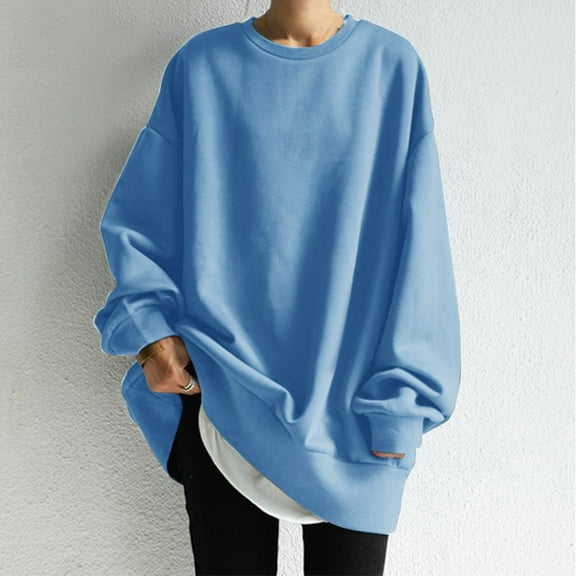 Blue Sweatshirt for Womens Oversized Sweatshirts Long Sleeve Crewneck Loose Fit Casual Solid Pullover Tops Women Fall Clothes