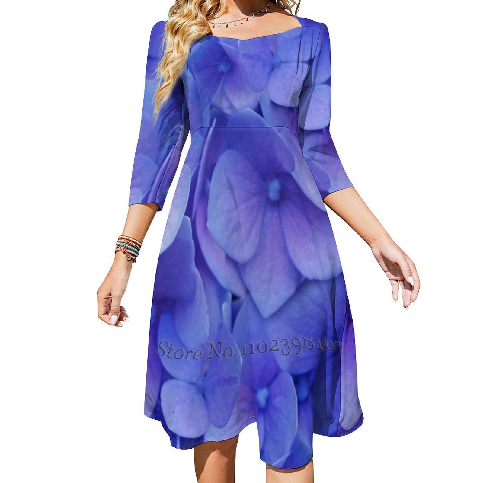 Blue Sweet Elegant Dress Women Korean Kawaii Square Collar Dress Blue ...