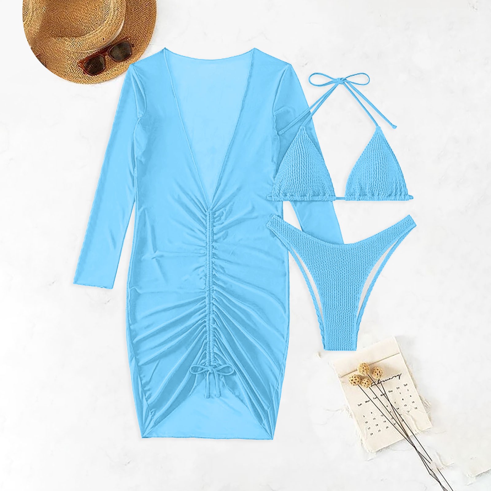 Blue Swimsuit for Women 2024 Three Piece Long Skirt With Binding Rope