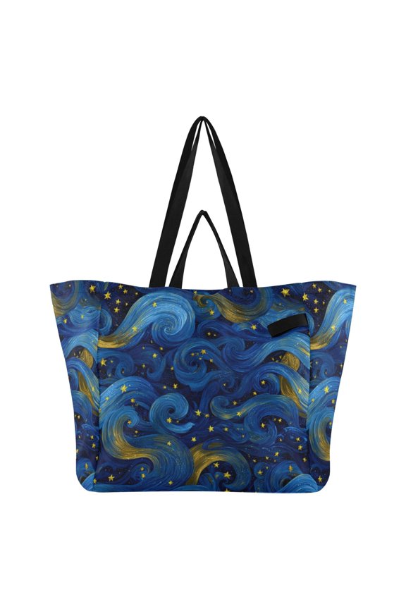 Blue Swirled Waves Canvas Tote Bag Large Capacity Reusable Tote with Double Handles, Foldable Heavy Duty Shopping Beach Laundry Bag, 32L