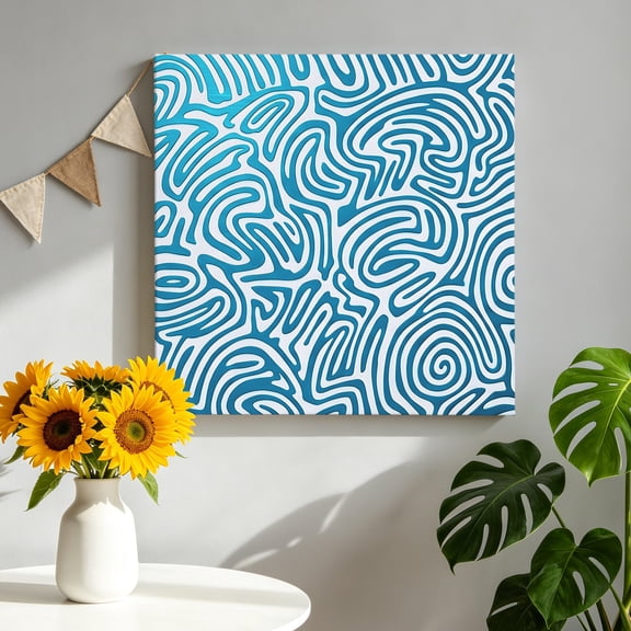 Blue Swirling Lines Canvas Wall Art, Curves Waves Modern Abstract Framed Canvas Wall Decor Picture Print Artwork Decorations for Living Room Office Ready to Hang 8" x 8"
