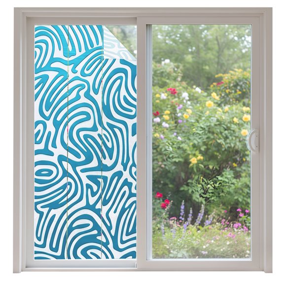 Blue Swirling Lines Window Privacy Film Curves Waves Modern Abstract Decorative Glass Window Film UV Blocking Static Cling Non-Adhesive Sticker Covering for Home Door 35.4x78.7 inches