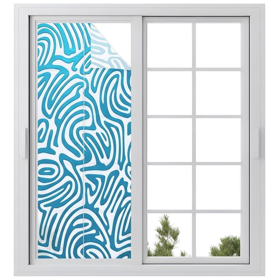 Blue Swirling Lines Window Privacy Film, Curves Waves Modern Abstract Frosted Glass Window Clings Static Cling UV Heat Blocking Reusable Door Sticker for Bathroom 23.6 x 59 Inch