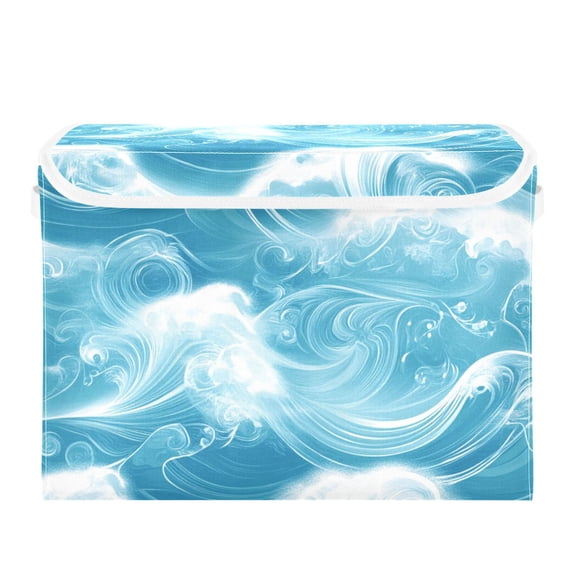 Blue Swirling Waves Large Storage Bins with Linen Collapsible Lid Storage Box 16.7 x 12.6 x 11.8in