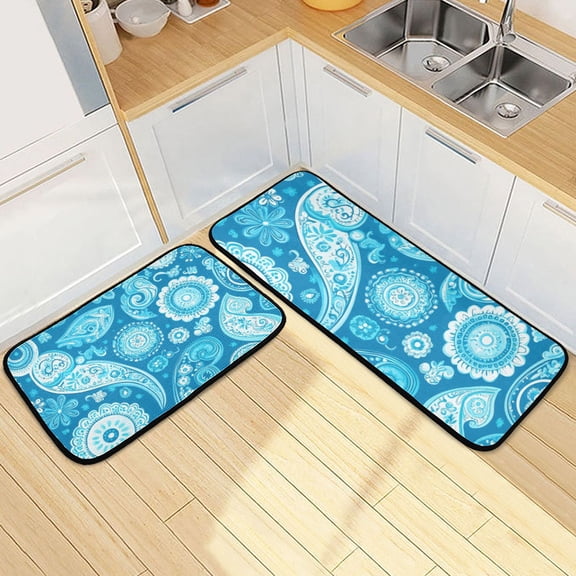 Blue Swirls Abstract Kitchen Mat Set of 2 Cushioned Non Slip Rugs for Bedroom Floor Runner Mats
