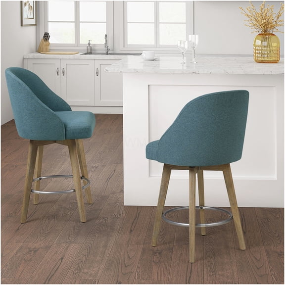 Blue Swivel Counter Stool with Cushioned Seat, 360 Spin & Footrest for Kitchen Island, Bar