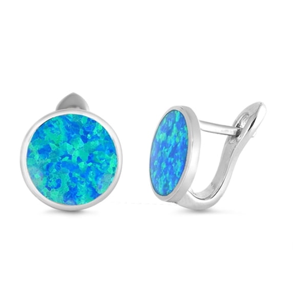 Blue Synthetic Opal Circle Disc Huggie Earring Sterling Silver