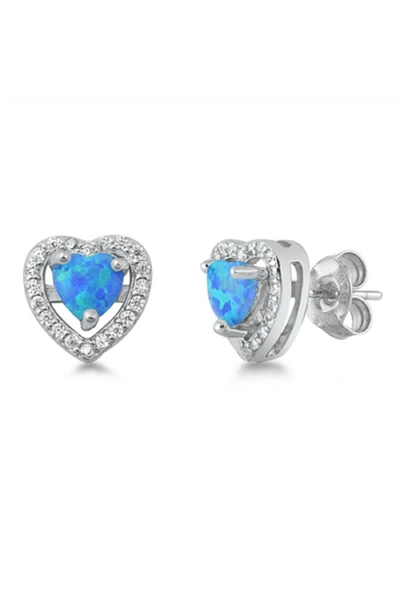 Blue Synthetic Opal Clear CZ Heart Earring Sterling Silver