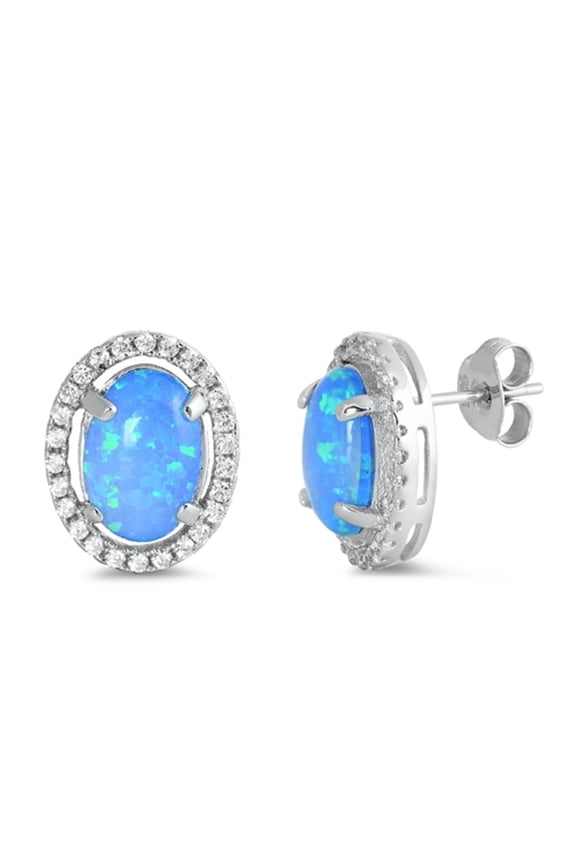 Blue Synthetic Opal Clear CZ Oval Earring Sterling Silver