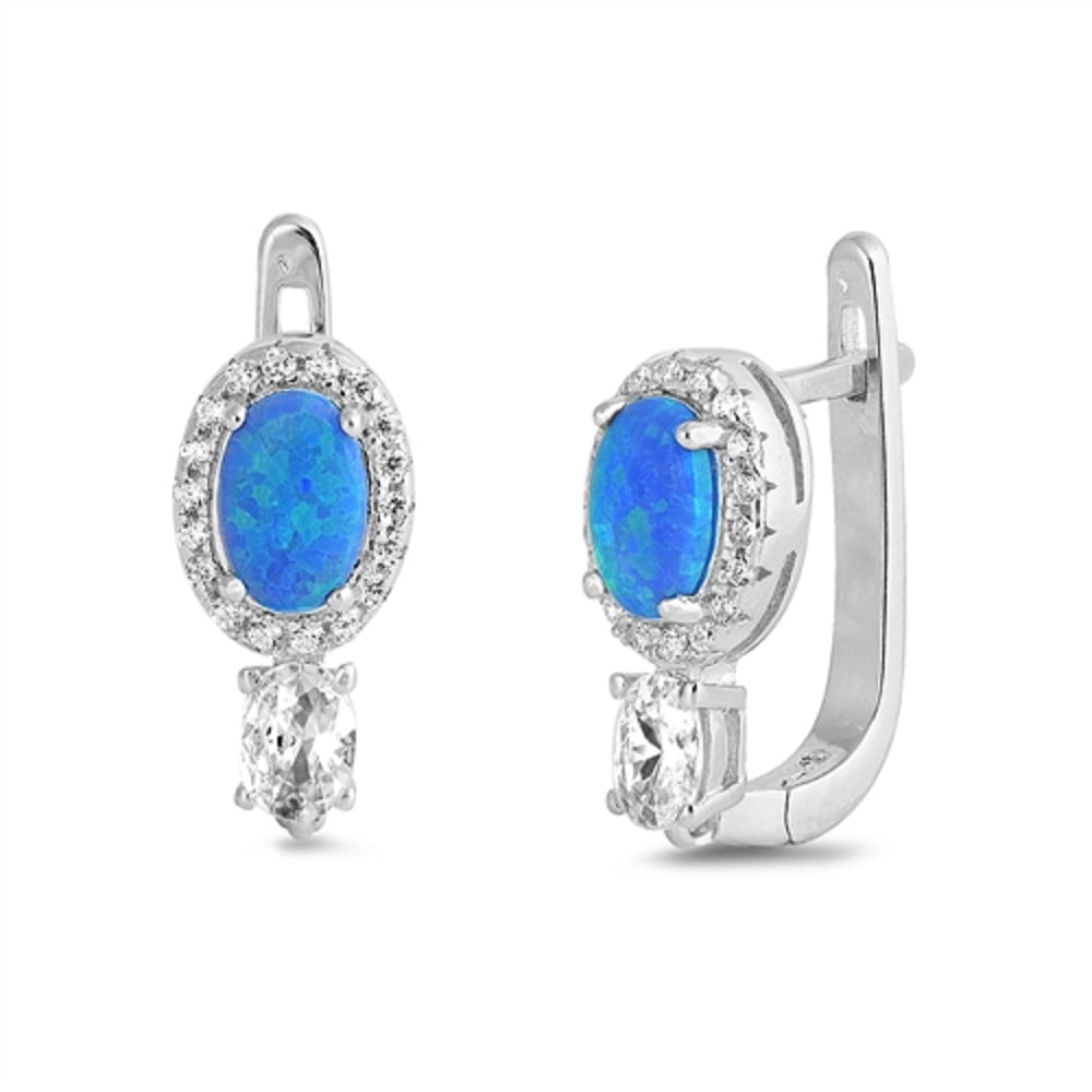 Blue Synthetic Opal Clear CZ Oval Latch Back Earring Sterling Silver