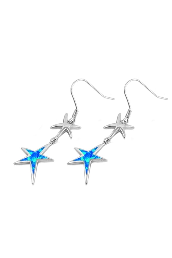 Blue Synthetic Opal Double Starfish Dangle Fishhook Earring Sterling Silver