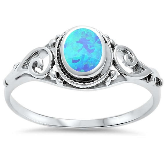 Blue Synthetic Opal Filigree Swirl Ring Sterling Silver Size 8