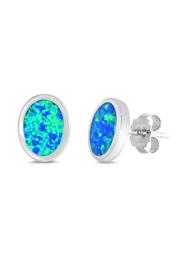 Blue Synthetic Opal Oval Shape Earring Sterling Silver