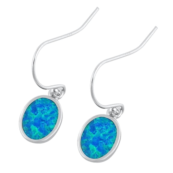 Blue Synthetic Opal Simple Oval Fishhook Earring Sterling Silver