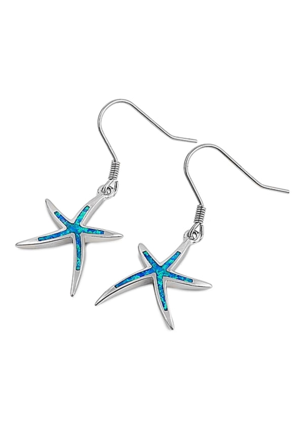 Blue Synthetic Opal Starfish Fishhook Earring Sterling Silver