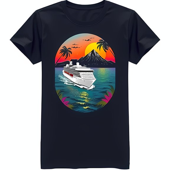 Blue T-Shirt with Cruise Ship & Volcanic Island Sunset Design