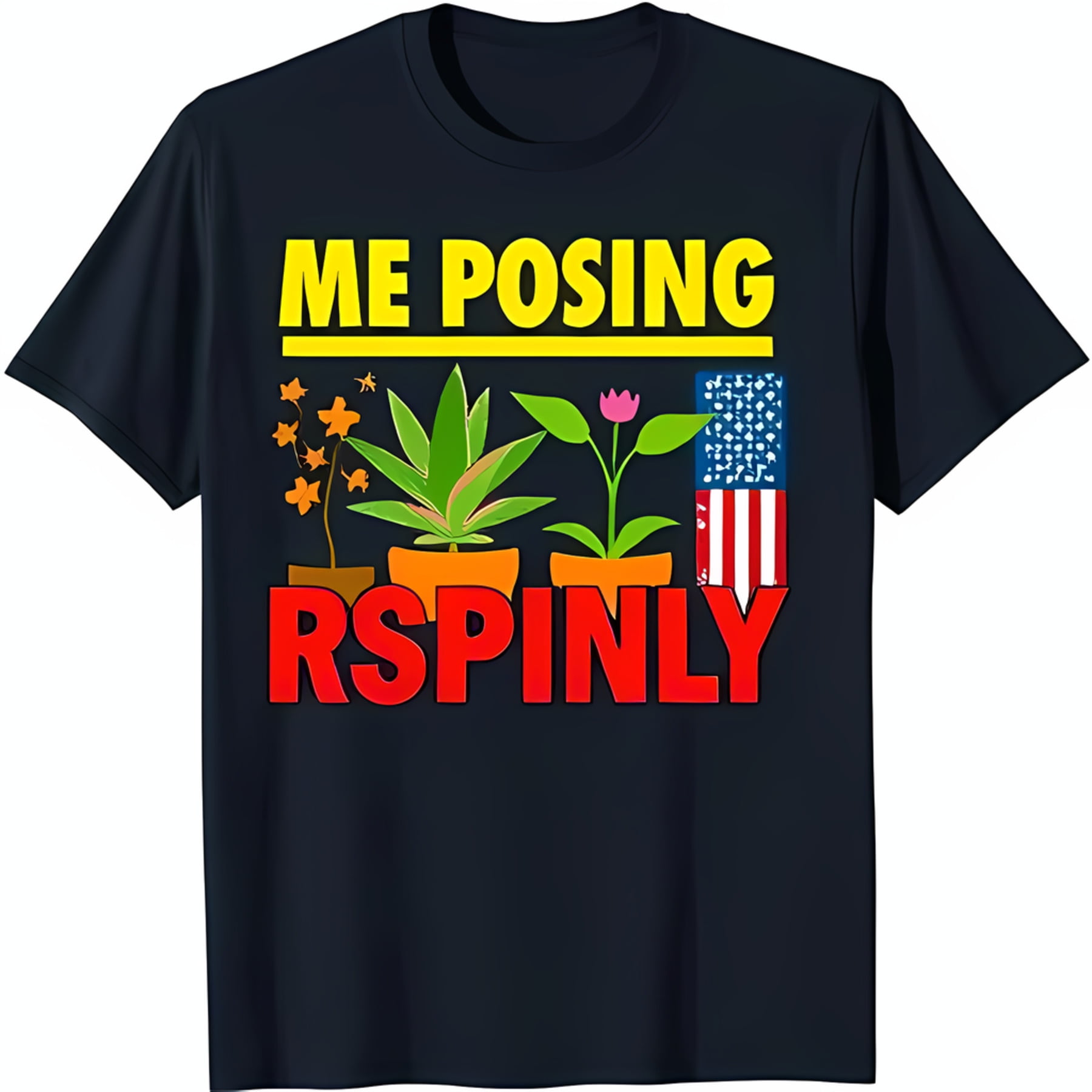 Blue TShirt with 'ME POSING RSPINLY' Design Cartoon Plants
