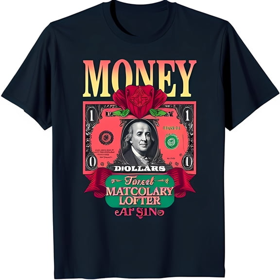 Blue T-Shirt with Stylized $1 Bill Graphic and Rose Design 'MONEY ' Print