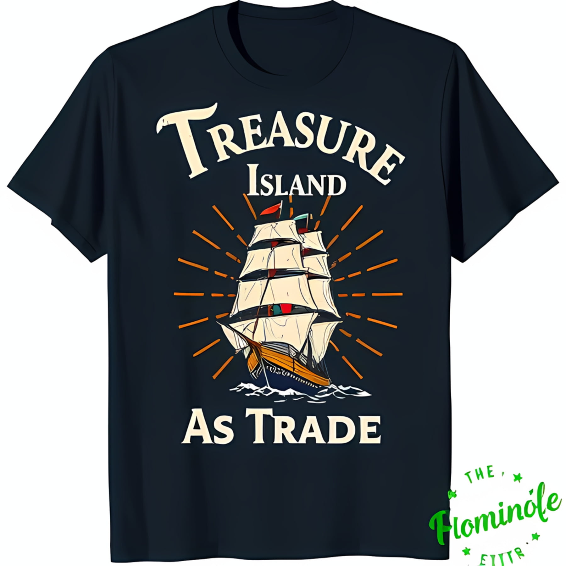 Blue TShirt with Tall Ship & 'Treasure Island As Trade' Graphic