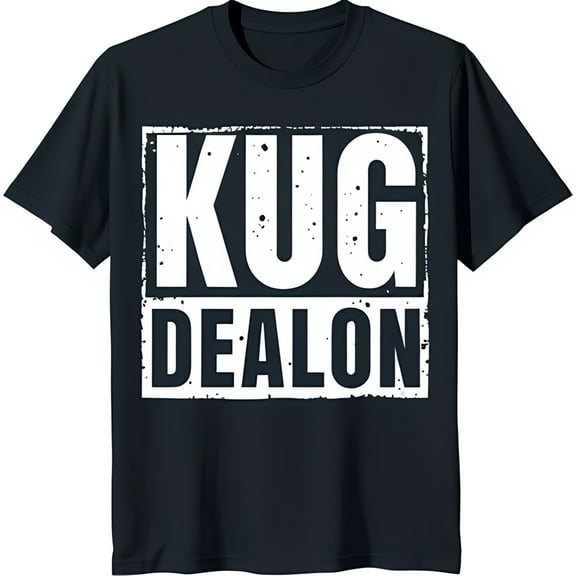 Blue T-Shirt with White Box Graphic 'KUG' and 'DEALON' Text Design