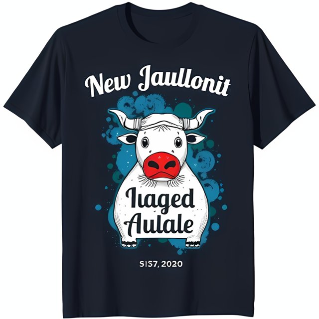 Blue TShirt with White Cow and Red Nose Floral Design 'New Jaulonit