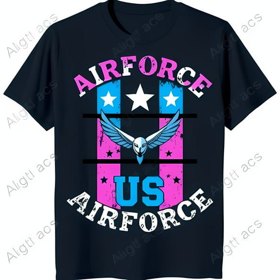 Blue T-Shirt with White Graphic & Eagle Design Against