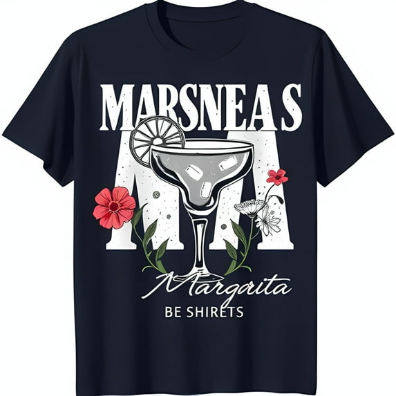 Blue T-Shirt with White Margarita Glass Graphic & Floral Design