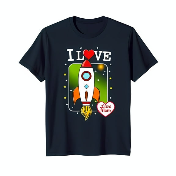 Blue T-Shirt with White Rocket Ship Flame & 'I LOVE MOM' Design in Background