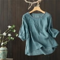 thumbnail image 1 of Blue T Shirts for Women 3/4 Sleeve Linen Shirts for Women 2026 Cotton Summer Retro Embroidered Boho Tops Casual Trendy Vacation Blouse Fashion Clothing, 1 of 4