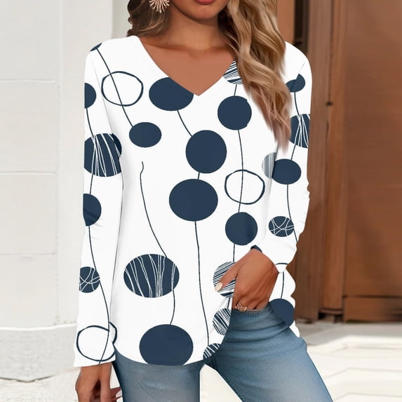 Blue T-Shirts for Women, Long Sleeve Boho Graphic Tees for Women, Polyester Fashion Womens Clothing 2024, Women's Long Sleeved V Neck Floral And Plant Printed Casual Fashion T Shirt Top