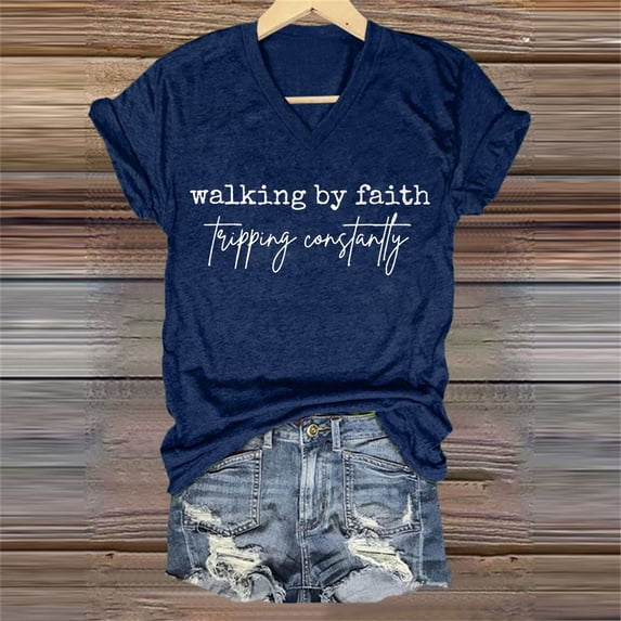 Blue T Shirts for Women's Walking By Tripping Constantly Print T Shirt Casual V Neck T Shirt Fashion Clothing