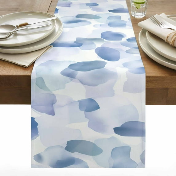 Blue Table Runner 13x36 inch Watercolor Cotton Linen Dining Table Runner Ideal for Dresser Kitchen Coffee Tables - Machine Washable