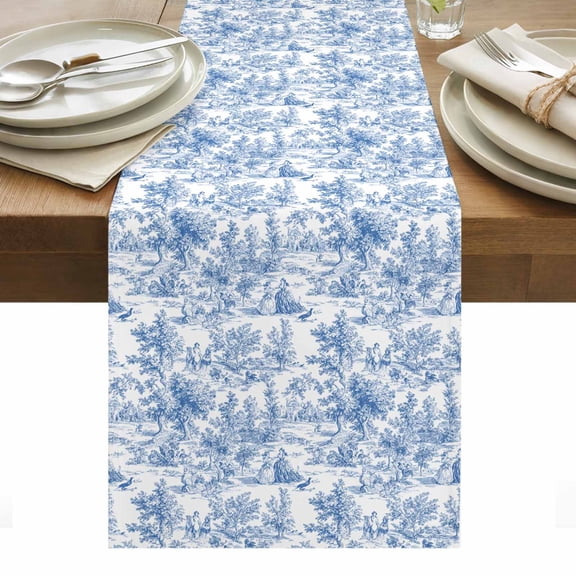 Blue Table Runner 14 x 72 Inch, Cycling Pattern Washable Cotton Linen Dining Table Runner Tabletop Decorations for Restaurant Home Kitchen Party