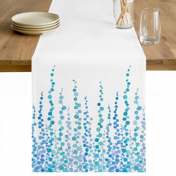 Blue Table Runner - 72 Inch Long Polka Dots Watercolor Abstract Art Cotton and Linen Blended Dress Scarves Farmhouse Table Runner for Kitchen Dining, Coffee Table, 13" x 72"