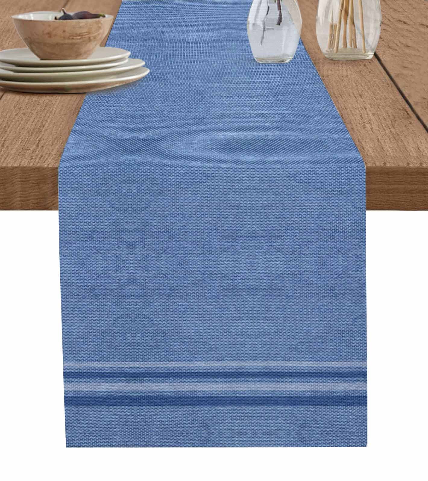 Blue Table Runner 72 Inches, Farmhouse Vintage Abstract Linen Texture ...