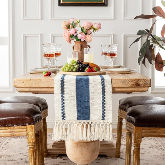 Blue Table Runner 72 inches Long Boho Macrame Table Runner for Home Decor, Farmhouse Table Runners with Tassels for Party Bohemian Rustic Bridal Shower Dining Decor 12x72 inches