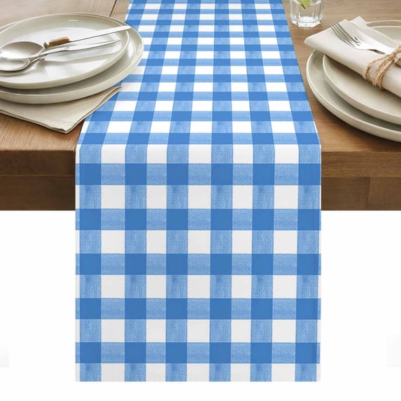 Blue Table Runner - 90 Inch Long, Kitchen Dining Table Runner Dresser Scarves, Country French Rustic Buffalo Plaid Modern Art Farmhouse Decor for Coffee Tables Wedding Party Banquet