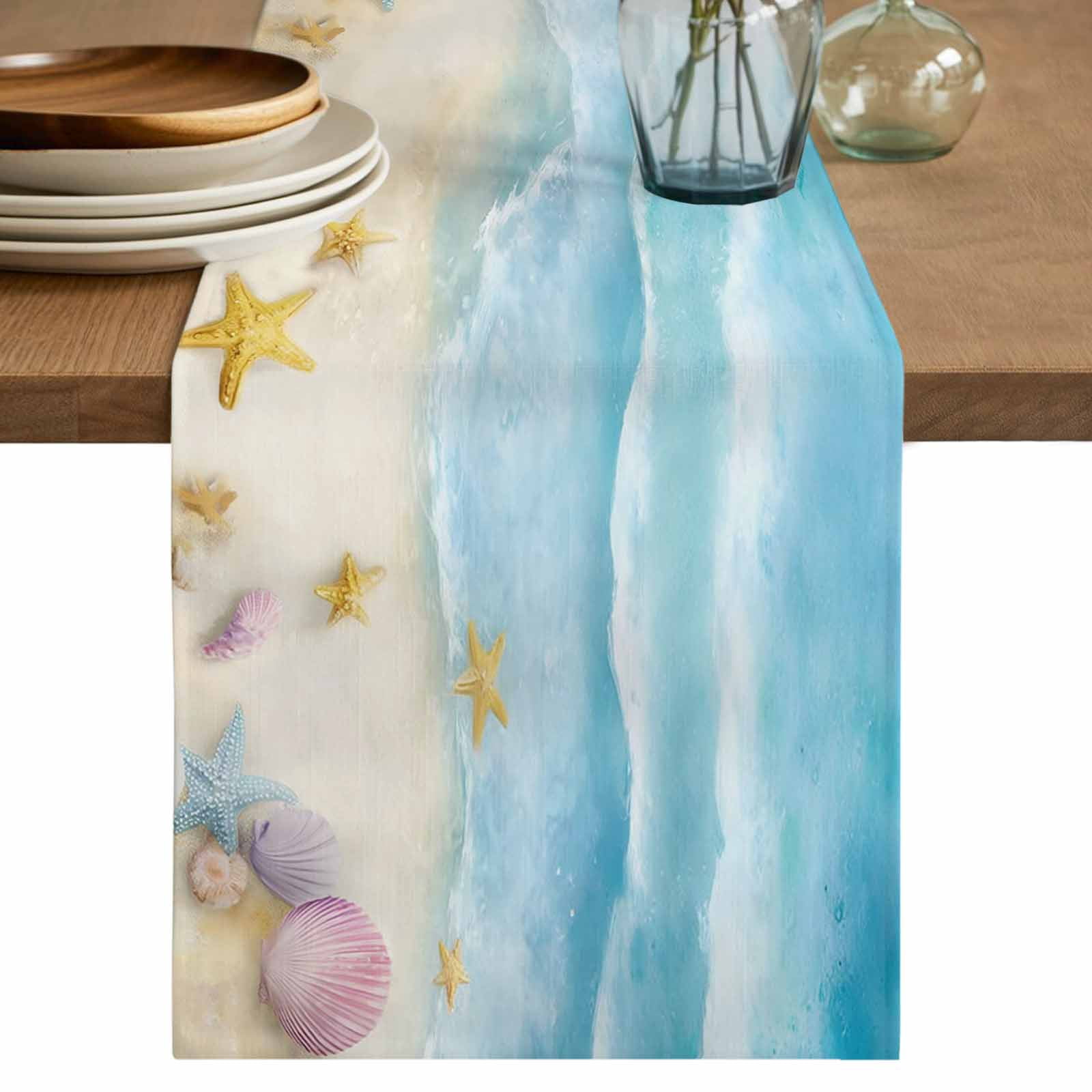 Blue Table Runner, Summer Beach Coastal Nautical Ocean Starfish ...