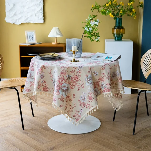 Blue Tablecloths Bohemian Floral Fabric Tassel Rectangle Dust-Proof for Home Decoration Kitchen Holiday Party Dining Table Cover (Style N,90x90cm 1pc)