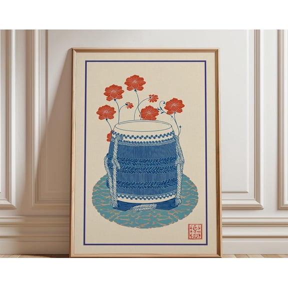 Blue Taiko Drum Japanese Floral Illustration Traditional Instrument Wall Art, Unframed Paper Poster 8x10in